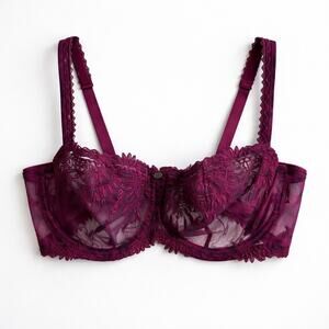 Chantelle Burgundy Lace Balconette Bra | Sheer Embroidered | 32DDD